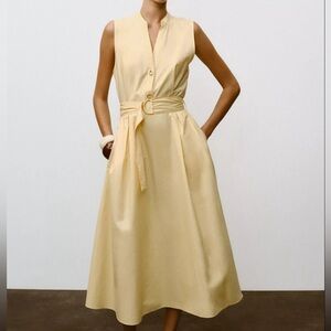 NWT ZARA BELTED POPLIN MIDI DRESS BUTTER YELLOW SIZE S
